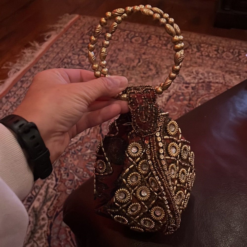 NWOT Stunning Afghani Jeweled Purse with Gold Round Handles and Zipper Closure.